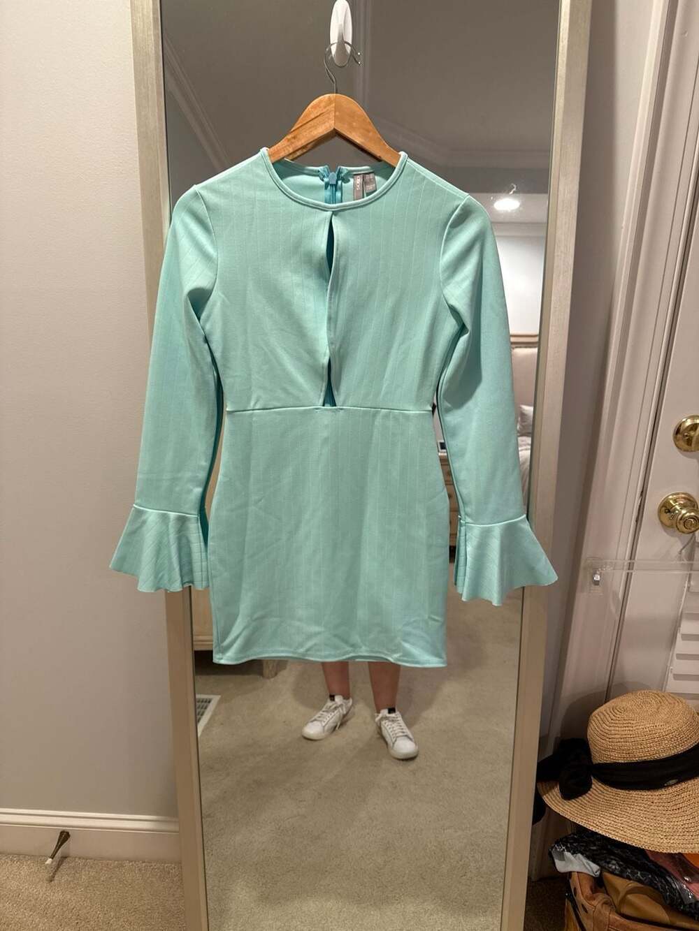 ASOS Petite Mint Green Ribbed Keyhole Mini Dress with Bell Sleeves